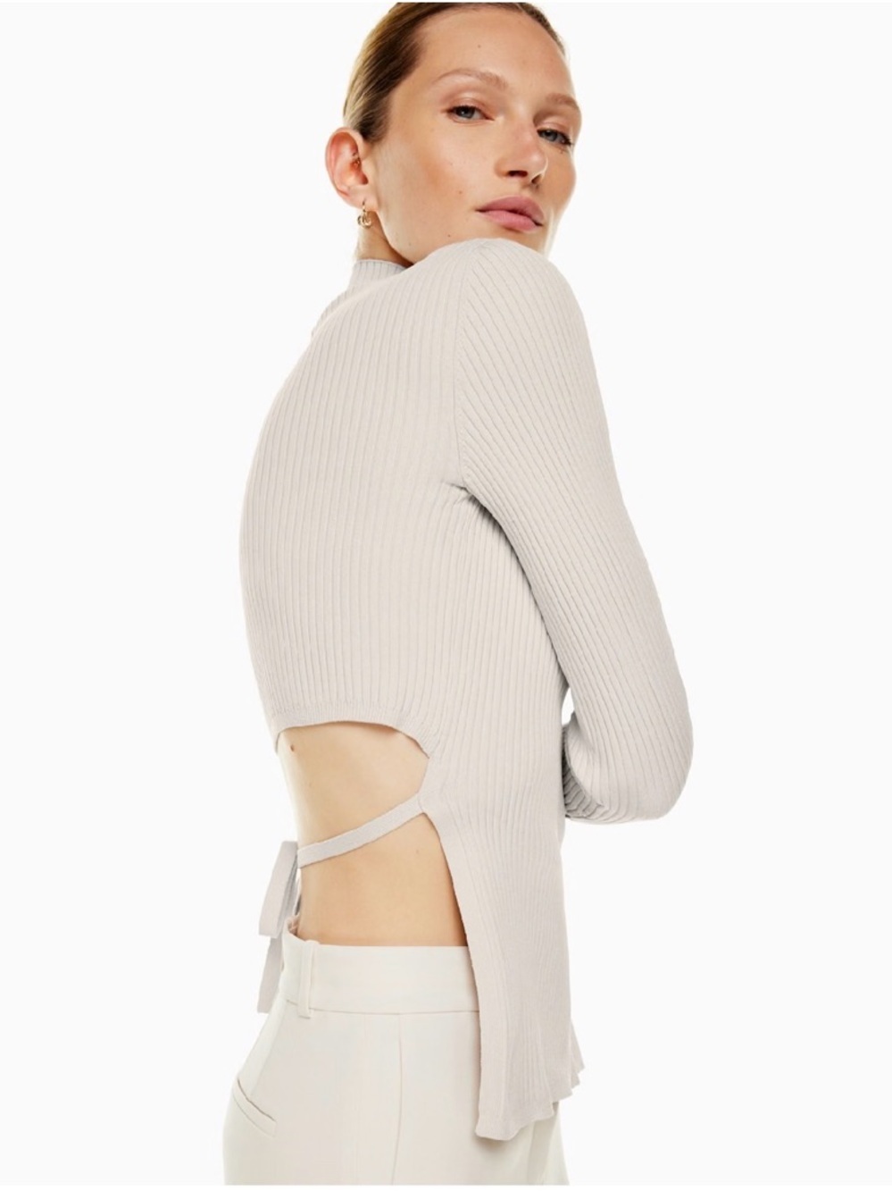 Babaton Sculpt Knit Tie-Back Long Sleeve Top Size Small Matte Pearl Ribbed